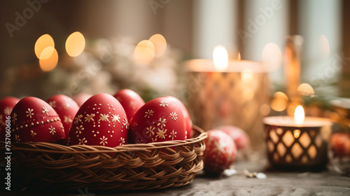 Photo of Greek Orthodox Easter celebration, traditional red eggs decorated with white patterns.