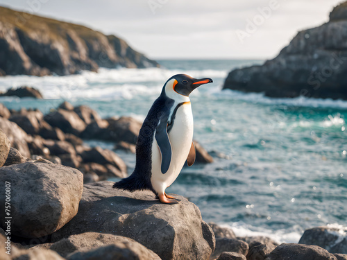 Gentoo penguin standing on a rock in front of the ocean