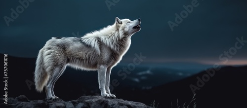 alone white wolf howl on a rock at night in forest background 