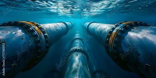 Deep sea pipelines carry oil and gas underwater in this industry stock photo. Concept Oil Industry, Underwater Pipelines, Deep Sea, Offshore, Stock Photo