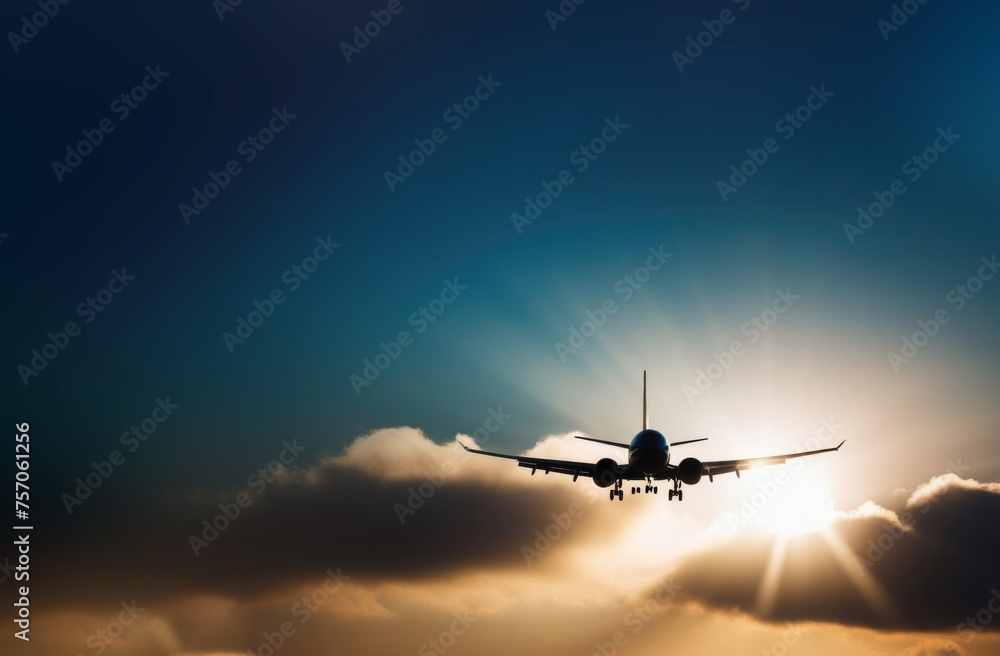 an airplane against the sunset sky. Silhouette of an airplane in the sky.