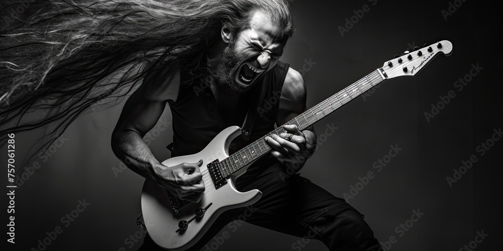 Obraz premium In a whirlwind of sound and fury, a heavy metal guitarist commands attention with their aggressive playing and commanding stage presence