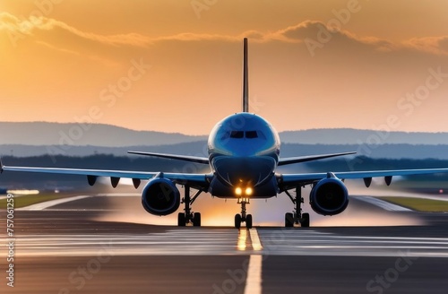 Sunset view of airplane on airport runway under sky. Aviation technology and world travel concept. 