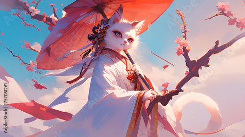 graceful cat wearing chinese clothes carrying an umbrella