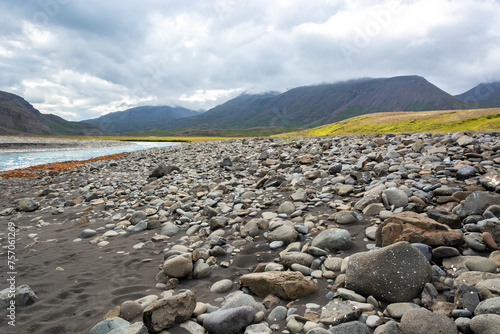Icelandic landscape with black volcanic sand and pebble beach