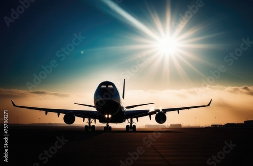 Sunset view of airplane on airport runway under sky. Aviation technology and world travel concept. 