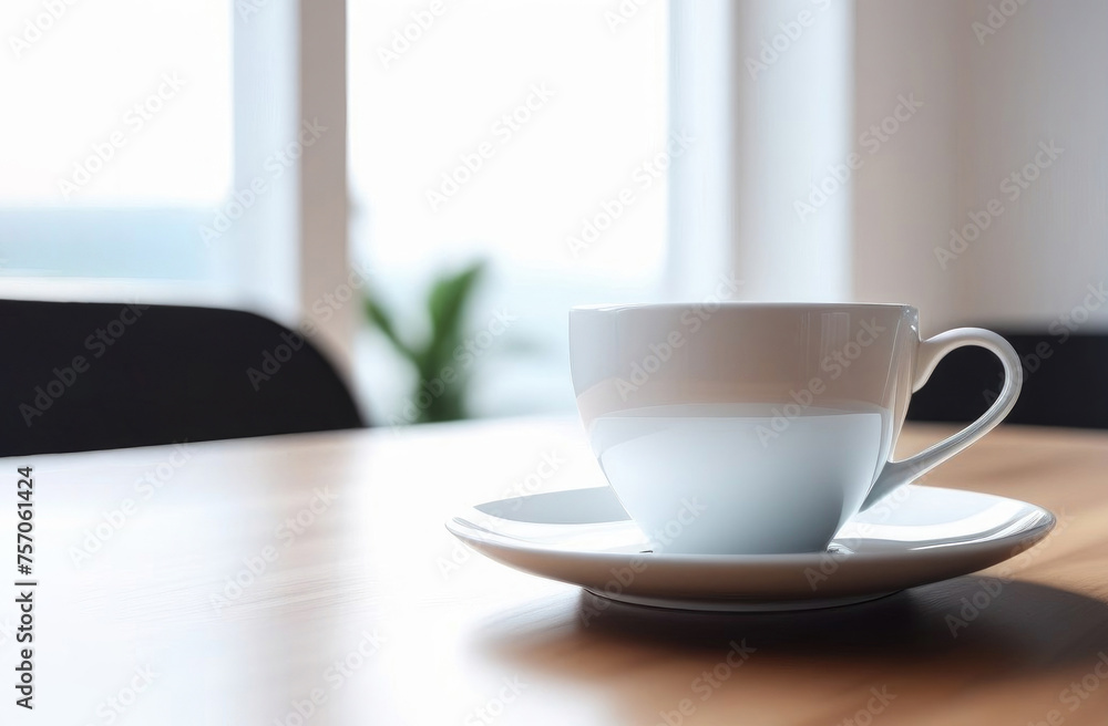 White copyspace cup. Cup in light interior on the table White copyspace cup. Cup in light interior on the table