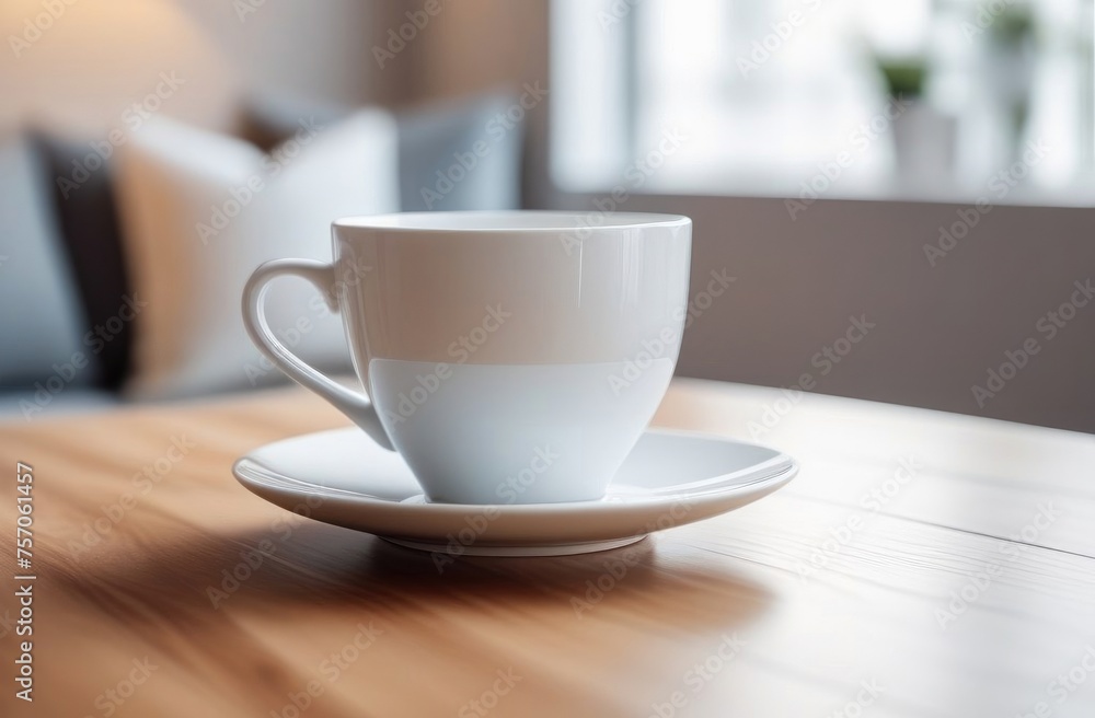 White copyspace cup. Cup in light interior on the table White copyspace cup. Cup in light interior on the table