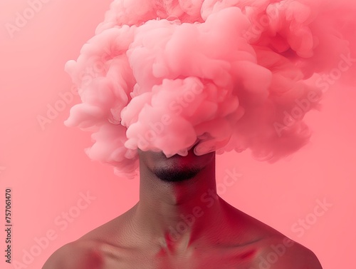 A creative portrait with a pink smoke cloud replacing the subject's head, symbolizing imagination or a clouded mind. © cherezoff