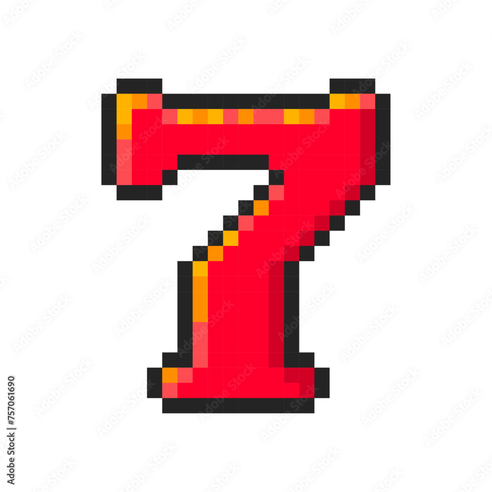 Pixel lucky number seven isolated on white background. Numeral 7 icon. Slot machine or video game item. Vector pixel art illustration in 8bit old style. Pixel lucky number seven isolated on white background. Numeral 7 icon. Slot machine or video game item. Vector pixel art illustration in 8bit old style.