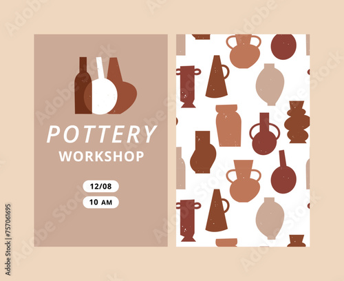 Vector invitation card for workshop with clay vases with different shapes and forms. Earth colored geometric pottery. Handmade ceramics