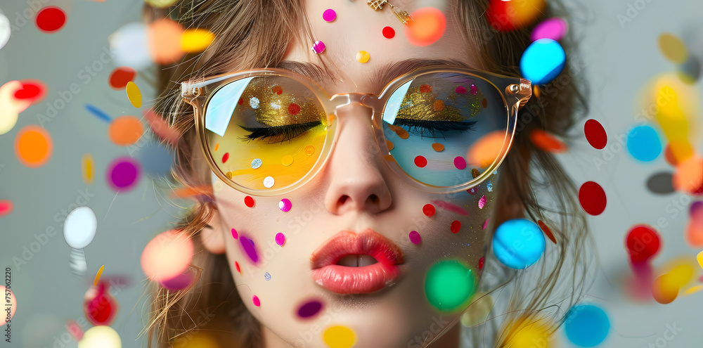 Creative photography, fashion closeup portrait of young woman with colorful confetti