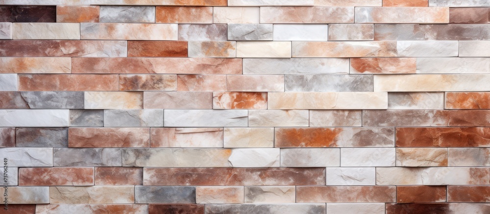 Obraz premium A closeup of a brick wall with a pattern of different colored rectangular bricks. The brown bricks contrast with the wood flooring, creating a striking building material font in the brickwork