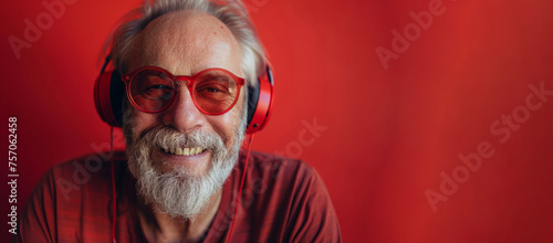 A man with red glasses and headphones on a red background. Scene is cheerful. Portrait of a senior man smiling and listening to music on headphones, wearing red sunglasses on red background photo