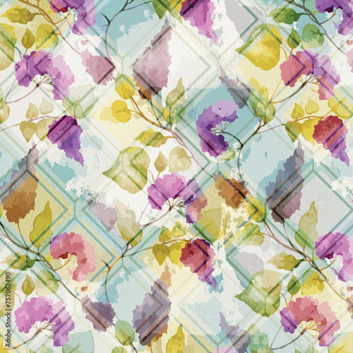 Watercolor and brush stroke flowers pattern on stained glass