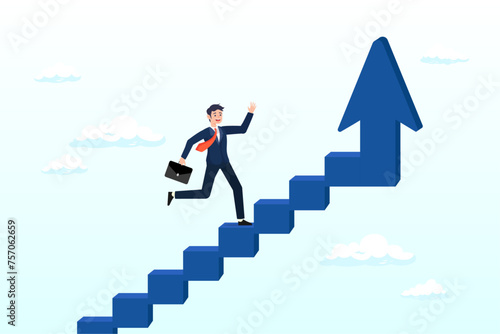 Confidence businessman step walking up stair of success with rising up arrow, improvement or career growth, stairway to success, growing income or improve skill to achieve business target (Vector)