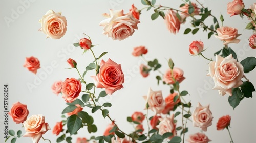 Professional photograph of falling roses with a white wall on the background.  photo