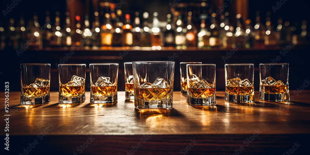 banner gentleman, mens club with lot of glasses Scotch whiskey on old wooden on bar counter in nightclub, dark atmosphere luxury  - obrazy, fototapety, plakaty 