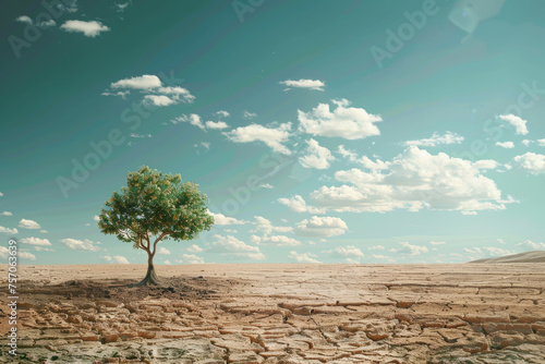Solitary Tree in Arid Desert Landscape Under Blue Sky