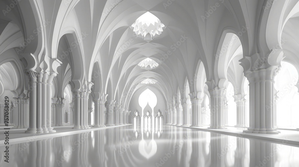 Hall of Magnificence: Ramadan Background with White Islamic Carvings on Pillars