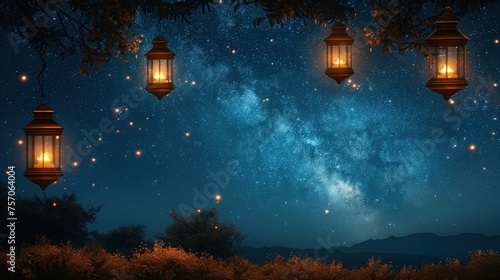 Ramadan background. Glowing lanterns hang on the starry night background © pengedarseni