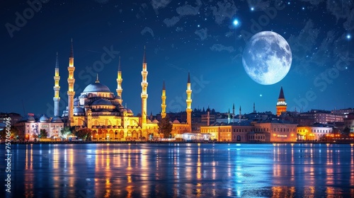 Ramadan background. The splendor of the mosque at night from across the lake © pengedarseni