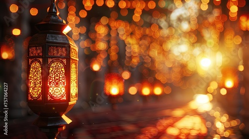 Ramadan background. Golden lanterns hanging with bokeh background at dusk.