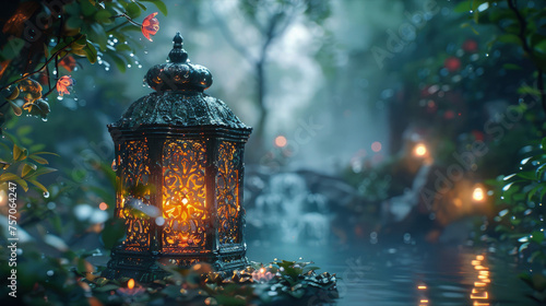 Evening Elegance: Golden Lanterns with Bokeh Dusk Background for Ramadan