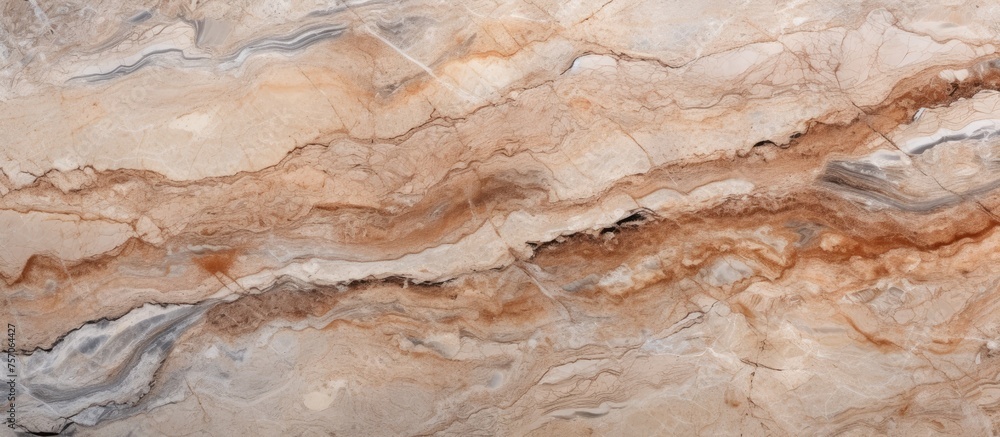 A detailed closeup view of a beige marble texture with swirling patterns resembling wood grain. This natural material can be used for flooring or countertops in a variety of cuisine settings