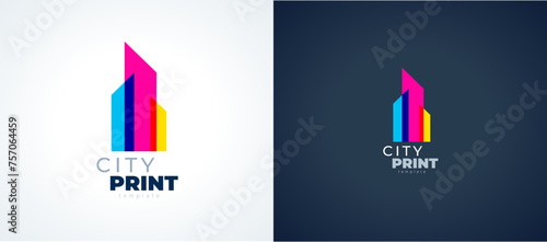 Logo City Print СMYK Printing theme. Silhouette Colored Buildings. Template design vector.