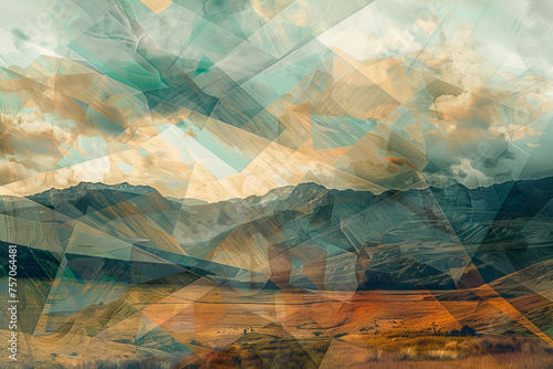 Abstract Mountain Landscape in Earth Tones with Geometric Overlay