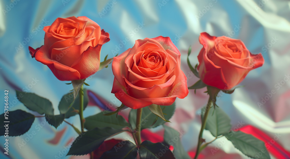 Beautiful Array of Three Red Roses on Iridescent Foil Background - Elegant Floral Arrangement on Reflective Surface Beautiful Array of Three Red Roses on Iridescent Foil Background - Elegant Floral Arrangement on Reflective Surface