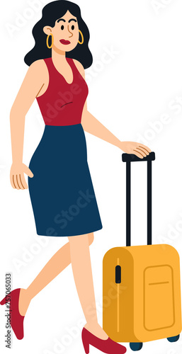 Woman tourist characters with backpack, bag, and suitcases.
