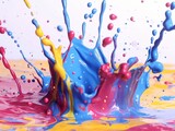 Dynamic interaction of multicolored paint splashes against a soft background.