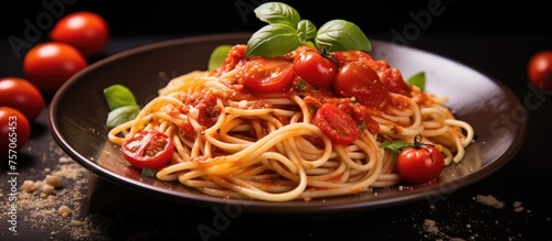 A dish of al dente Chinese noodles with tomato sauce and basil, a staple food in Italian cuisine, served on a table with tableware
