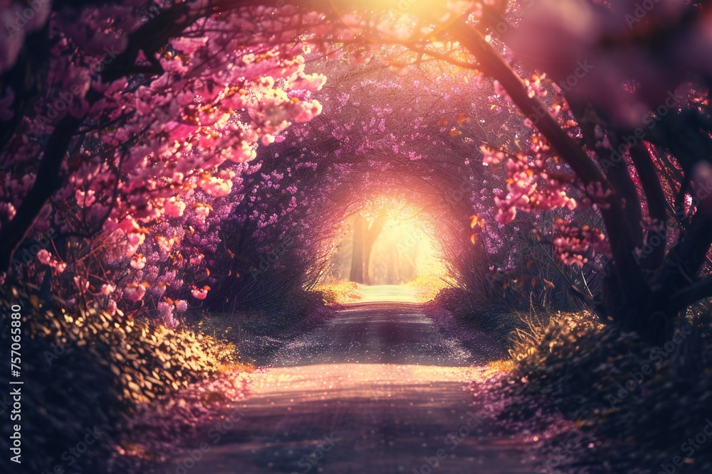Fototapeta premium Sakura trees tunnel in early spring with sunset Generative Ai 