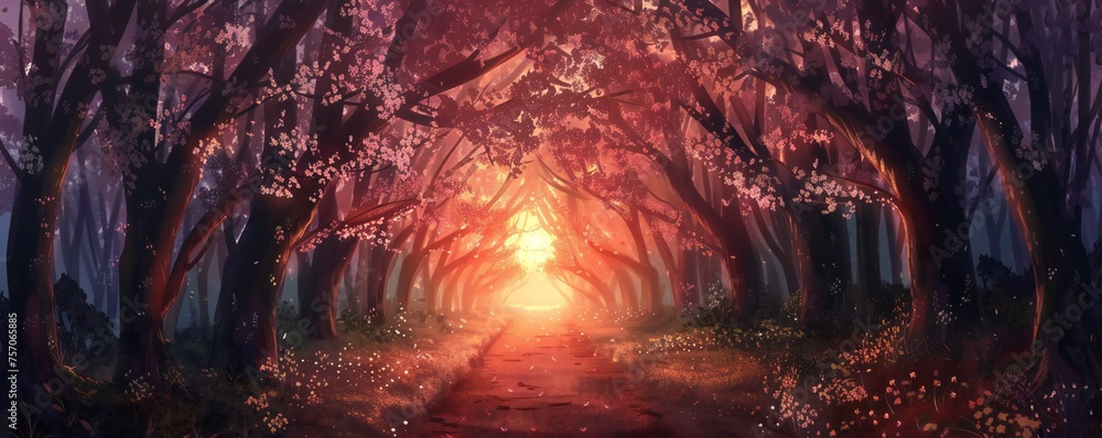 Naklejka premium Sakura trees tunnel in early spring with sunset Generative Ai 