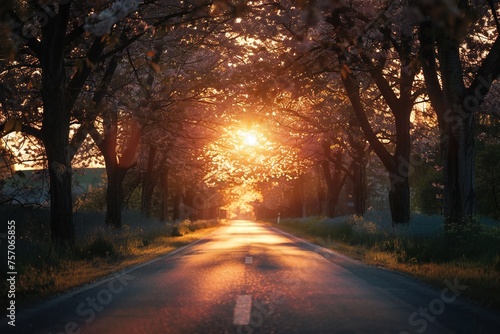 Sakura trees tunnel in early spring with sunset Generative Ai 