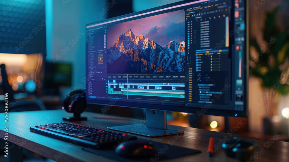 A close-up of a video editing software interface on a computer screen with mountain footage A close-up of a video editing software interface on a computer screen with mountain footage