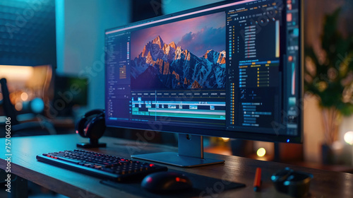 A close-up of a video editing software interface on a computer screen with mountain footage