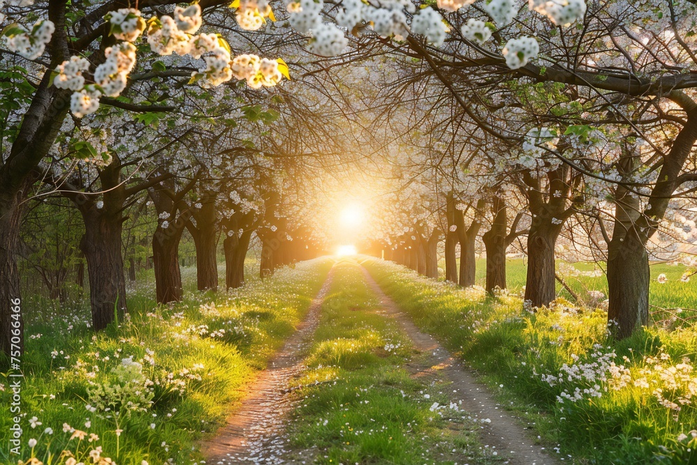 Sakura trees tunnel in early spring with sunset Generative Ai 