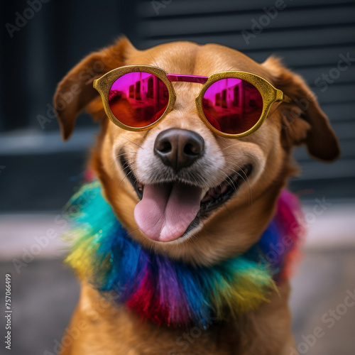 happy dog wearing funny sunglasses