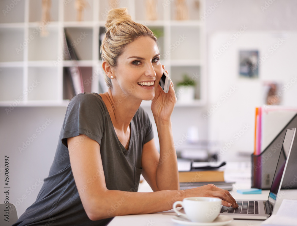 Business woman, laptop and happy on phone call for office communication, planning and editing support on software. Portrait of writer, editor or advisor talking on mobile and typing of project advice Business woman, laptop and happy on phone call for office communication, planning and editing support on software. Portrait of writer, editor or advisor talking on mobile and typing of project advice