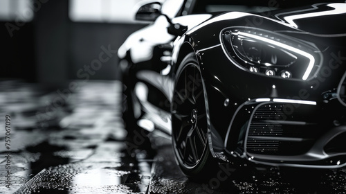 A black car with a shiny finish and a chrome wheel. The car is parked in a garage. luxury black car in photo on black background