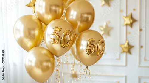 Golden 50 balloon for fiftieth birthday or anniversary photo