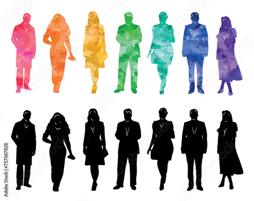 Group of people, silhouettes of men and women, passers-by, ladies and gentlemen, office workers, businessmen, business people. Colorful vector illustration.