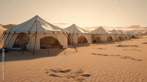 Aerial view of typical desert camp conducts desert safari tours.