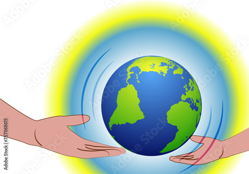 Día mundial del medio ambiente. Padre o madre entregando un planeta Tierra limpio y sano a su hijo o hija