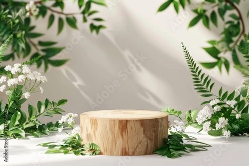 Beautiful bright natural template for product presentation in the form of wooden pedestal or podium framed with fresh green foliage and flowers on light background. © Straxer