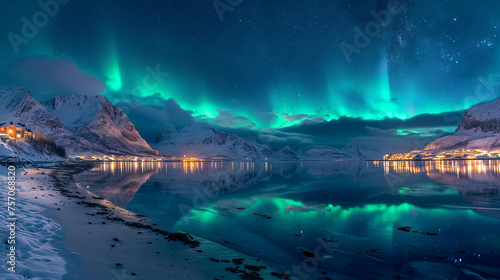 An aurora is the northern lights or southern lights is a natural light display in Earth's sky, travel concept, bright color